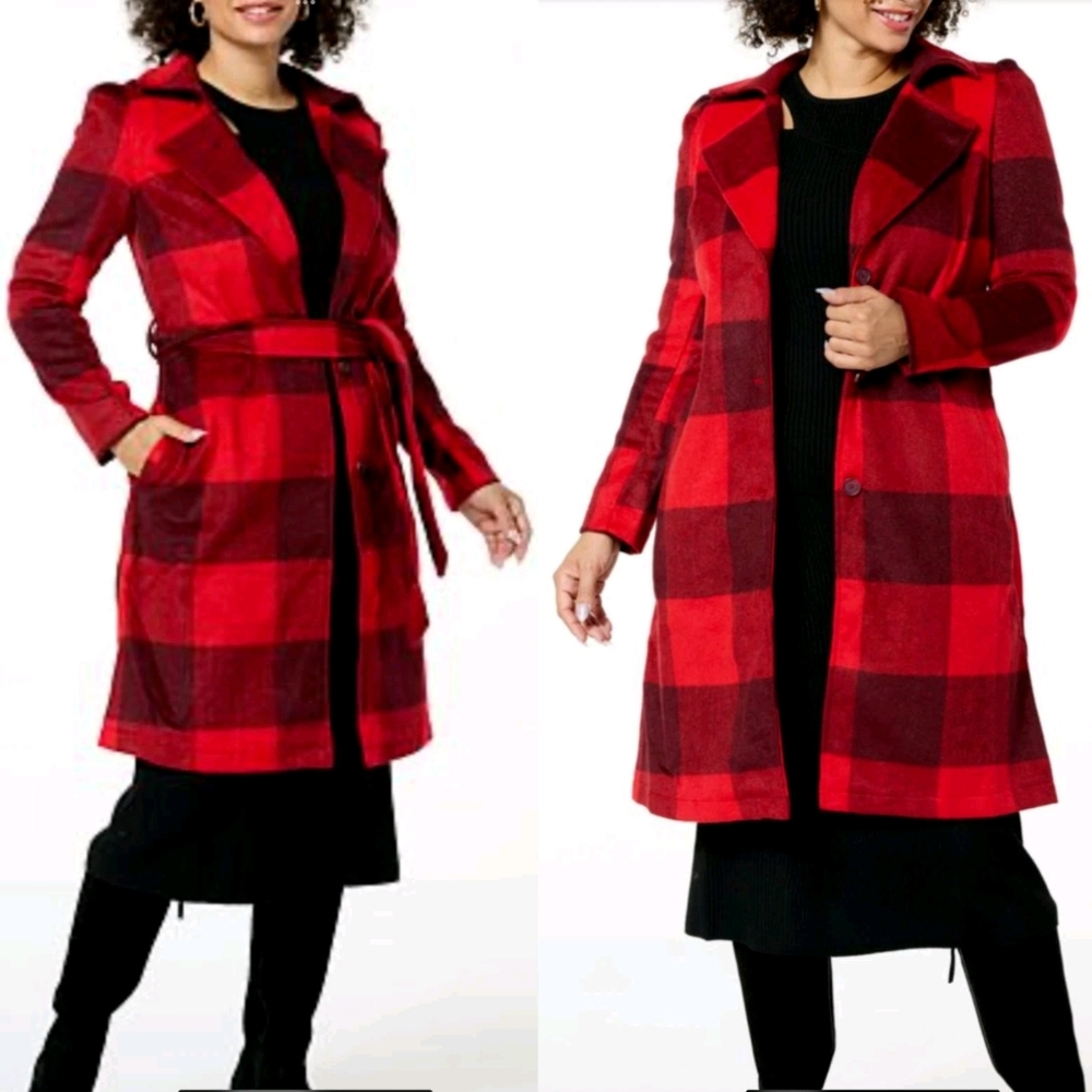NEW G by Giuliana Women's Black Label Red Plaid Trench Coat RED PLAID SZ Medium